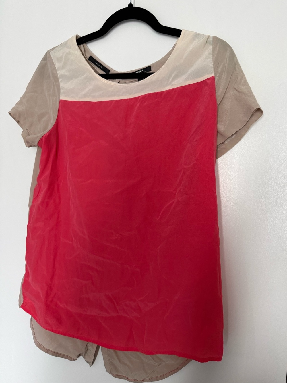 100% Silk Colorblock Short Sleeve Blouse in hot pink and Taupe